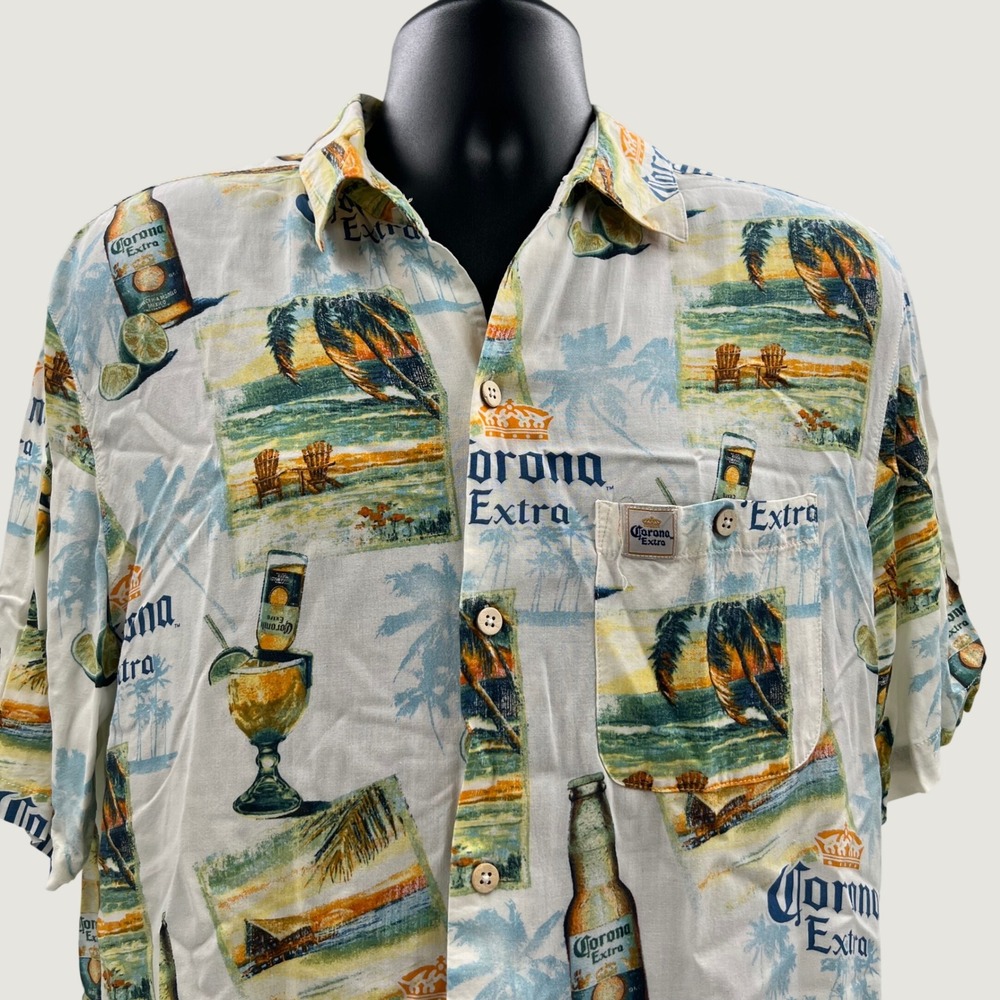 Joe Marlin Corona Extra Hawaiian Shirt Mens Medium White Tropical‎ Beer Rayon